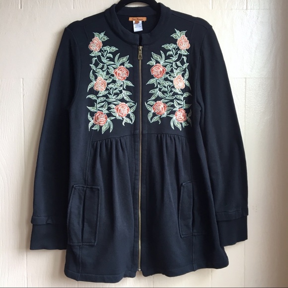 Tea House Jackets & Blazers - Embroidered Floral Longline Zip Jacket
